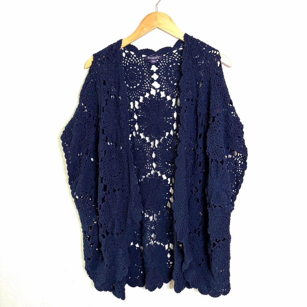 Crochet cardigan cottagecore Roaman's Deep Blue Women's sz 1x 2x 100% cotton